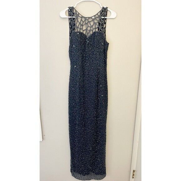 Scala Navy Blue Sleeveless Beaded Gown Maxi Long L Silk Women’s Formal Wedding - Picture 7 of 16